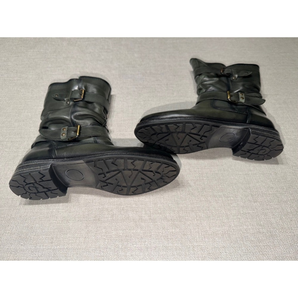 Eric Michael Green Leather Slouch Moto Mid-Calf Boots Buckle Straps Womens 38 - Picture 4 of 10